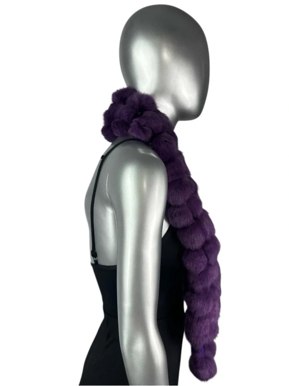 Purple RABBIT Scarf w/POM POMS Size 47”L, Certified Vintage Fur